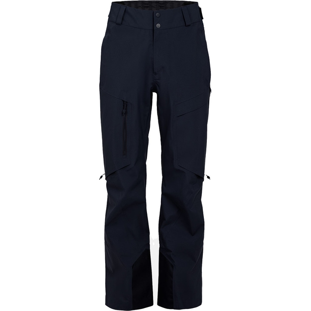 Dunkelblaue, wasserdichte GORE-TEX Pro 3L Shell Pant in voller Länge. Funktionelle Outdoor-Hose mit Taschen und verstärktem Beinabschluss.