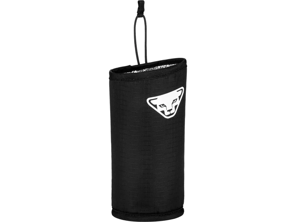 Schwarze Dynafit Alpine Bottle Holder Flaschenhalterung mit Zugband und reflektierendem Innenraum.
