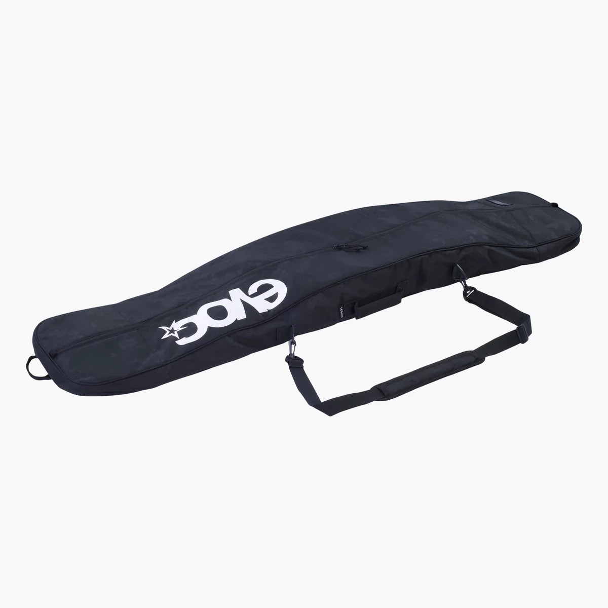 Schwarze Evoc Board Bag, seitlich liegend mit Tragegurt und weißem Markenlogo.