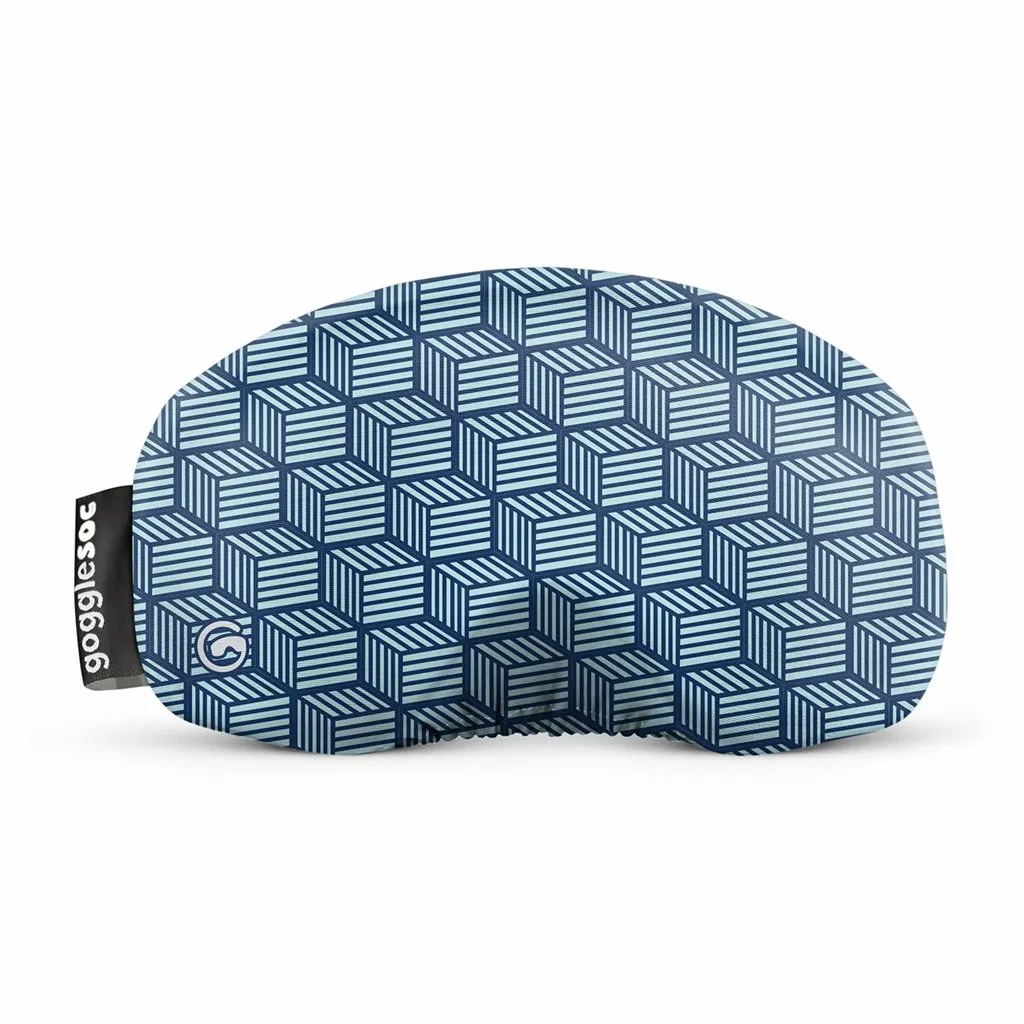Brillensocke "Cube Soc" mit blauem Würfelmuster für Skibrillen. Schutz und Reinigungstuch in einem.