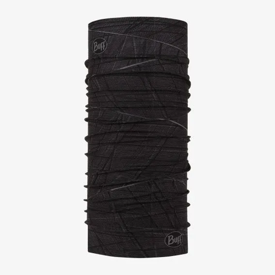 Schwarzes, gerolltes Buff Schlauchtuch mit abstrakten, grauen Linien und Logoaufdruck.
