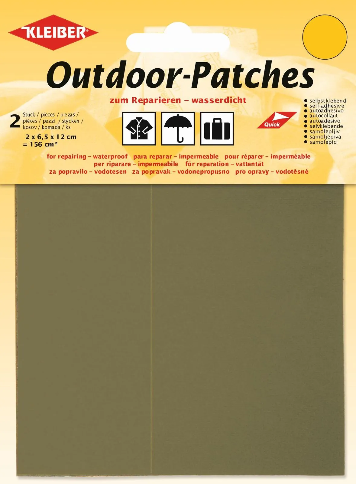 Verpackung der beigen Outdoor-Patches, selbstklebende Flicken zur Reparatur, wasserdicht, 2 Stück mit je 6,5 cm x 12 cm.