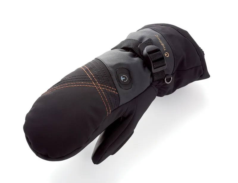 Schwarzer Therm-ic Ultra Heat Fäustling für Frauen, Detailansicht mit Knopf und Riemen.