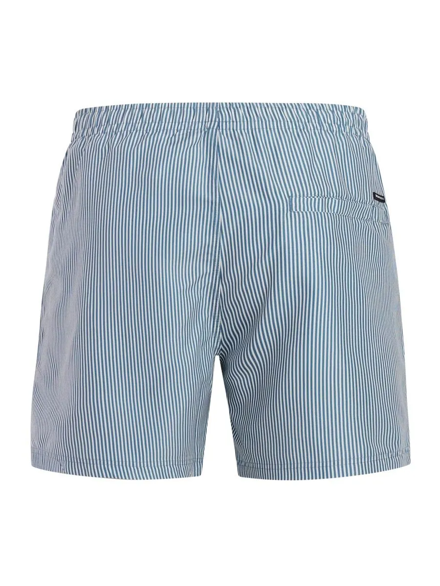 Badehose von hinten mit blauen und weißen vertikalen Streifen und elastischem Bund.