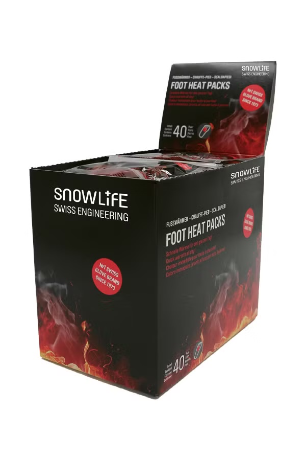 Box mit 40 Fusswärmer "Foot Heat Packs" von Snowlife, geeignet für kalte Tage, mit Flammenmuster.