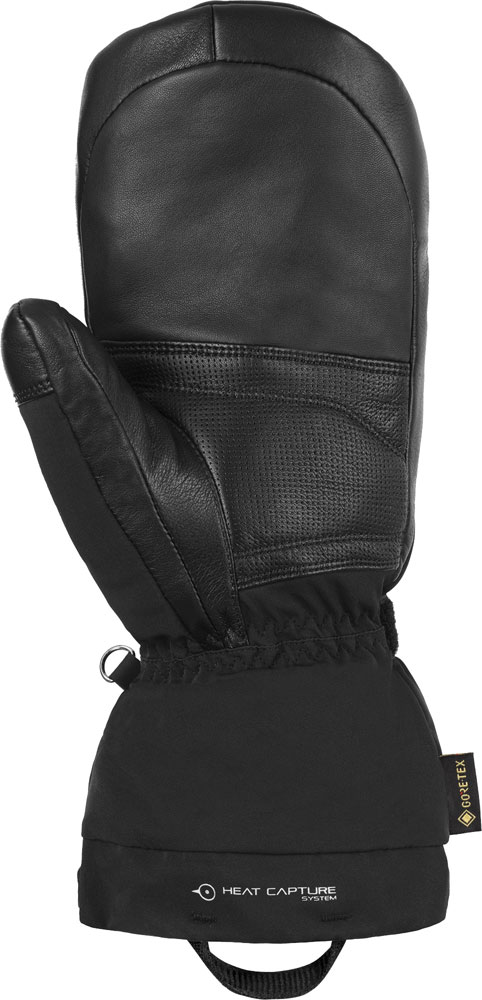 Reusch Volcano Pro GTX Detailansicht: Schwarzer Reusch Volcano Pro GTX Mitten mit Leder, Gore-Tex Logo und "Heat Capture System" Aufdruck.