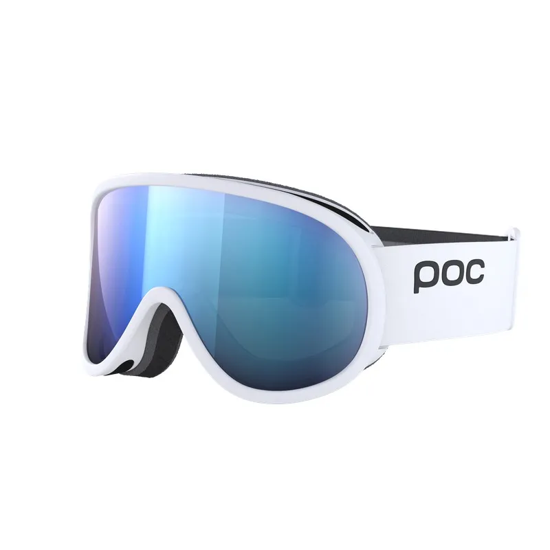 Weiße POC Retina Mid Skibrille mit blauer zylindrischer Linse in Studioaufnahme.