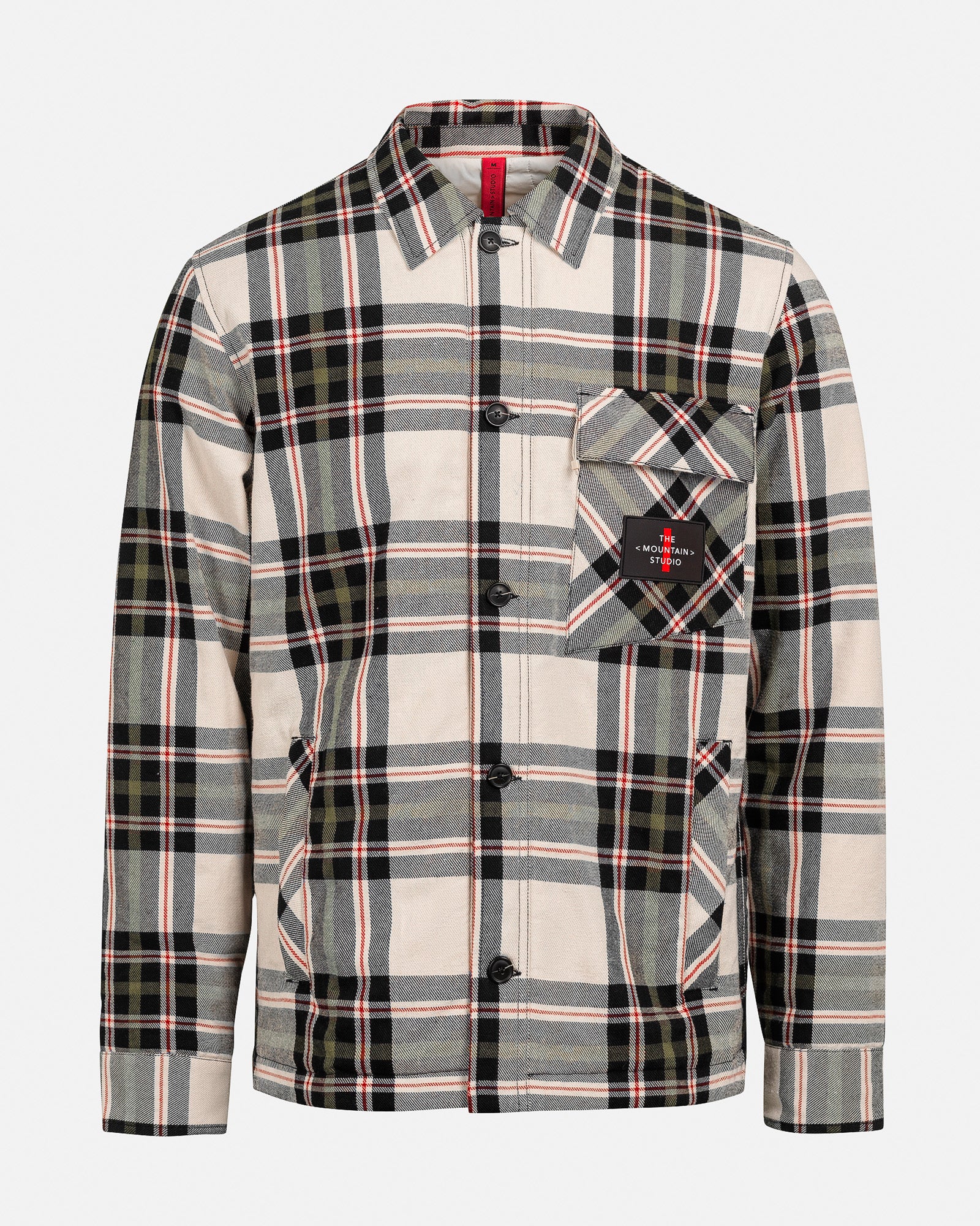 Karierte Jacke in Beige, Schwarz, Grün und Rot mit Brusttasche und schwarzem Label "THE  STUDIO".