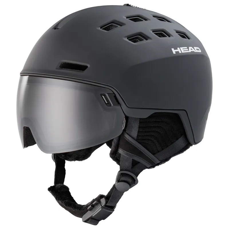 Schwarzer Skihelm "Head Radar 5K" mit silbernem Visier, seitlicher Belüftung und "Head"-Logo.