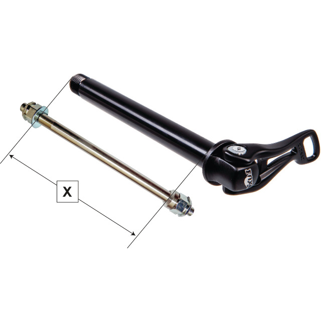 Steckachs Adapter Set Steckachs-Aufnahmeadapter: Schwarzer Adapter mit Schnellspanner und lange, silberne Gewindestange mit Muttern.