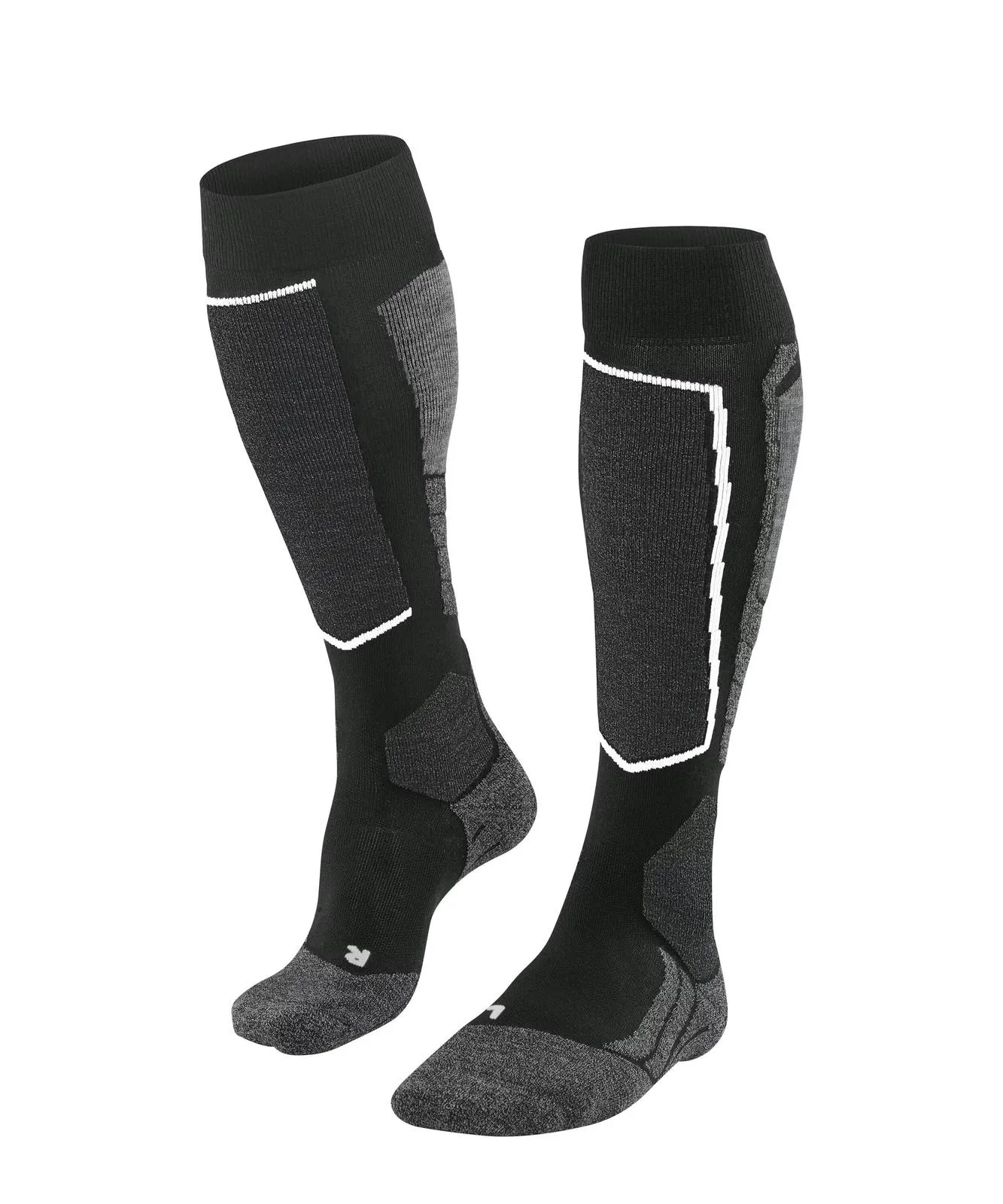 Ein Paar schwarze, hohe Sportsocken mit grauen Verstärkungen und Polsterungen steht vor weißem Hintergrund. Unterschiedliche Texturen bieten Halt und Belüftung. Weiße Linien markieren Bund und Schienbein. "R" und "L" kennzeichnen rechts/links.