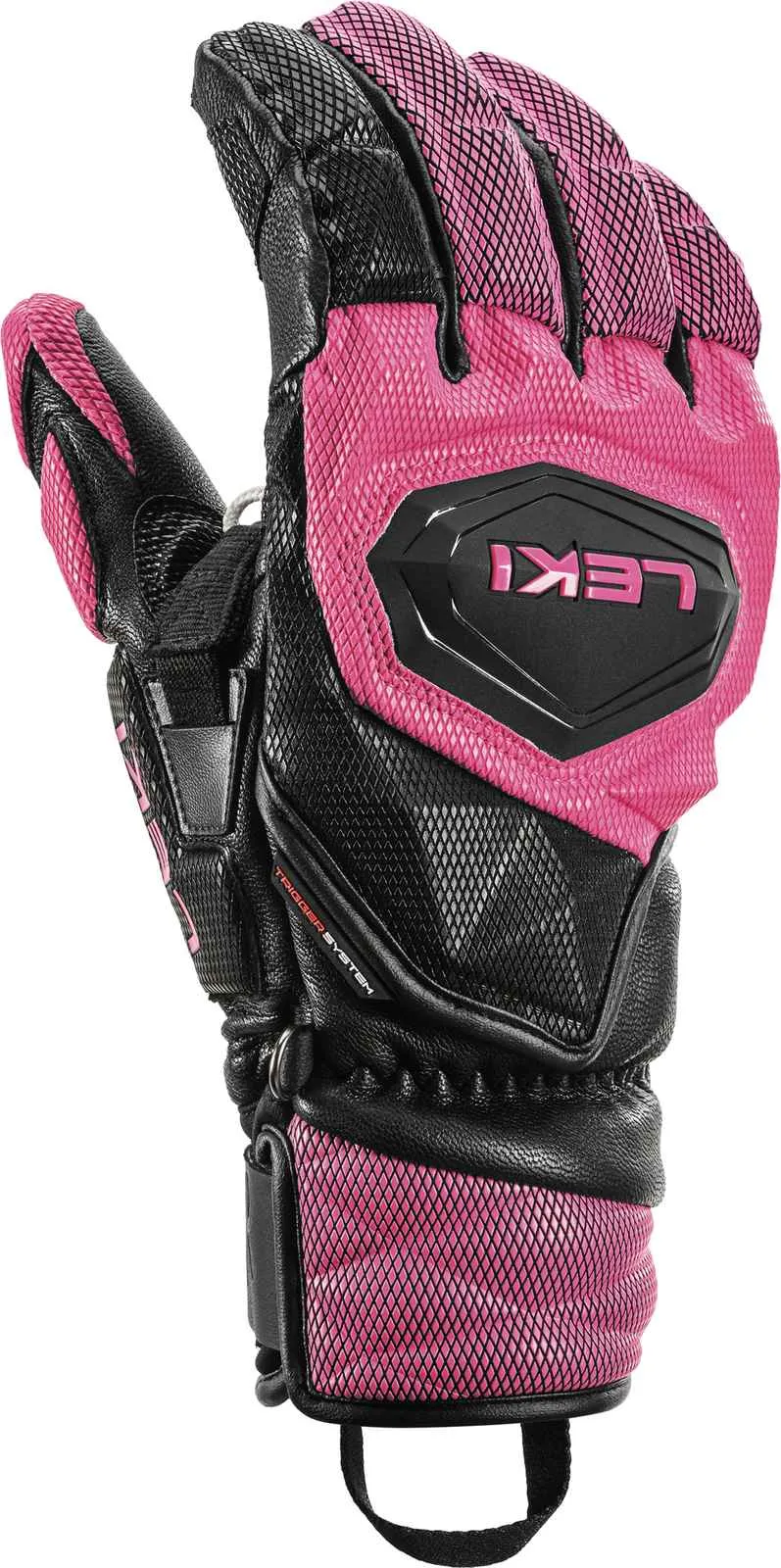Nahaufnahme eines schwarzen/pinken Leki Venom SL 3D Rennhandschuhs.