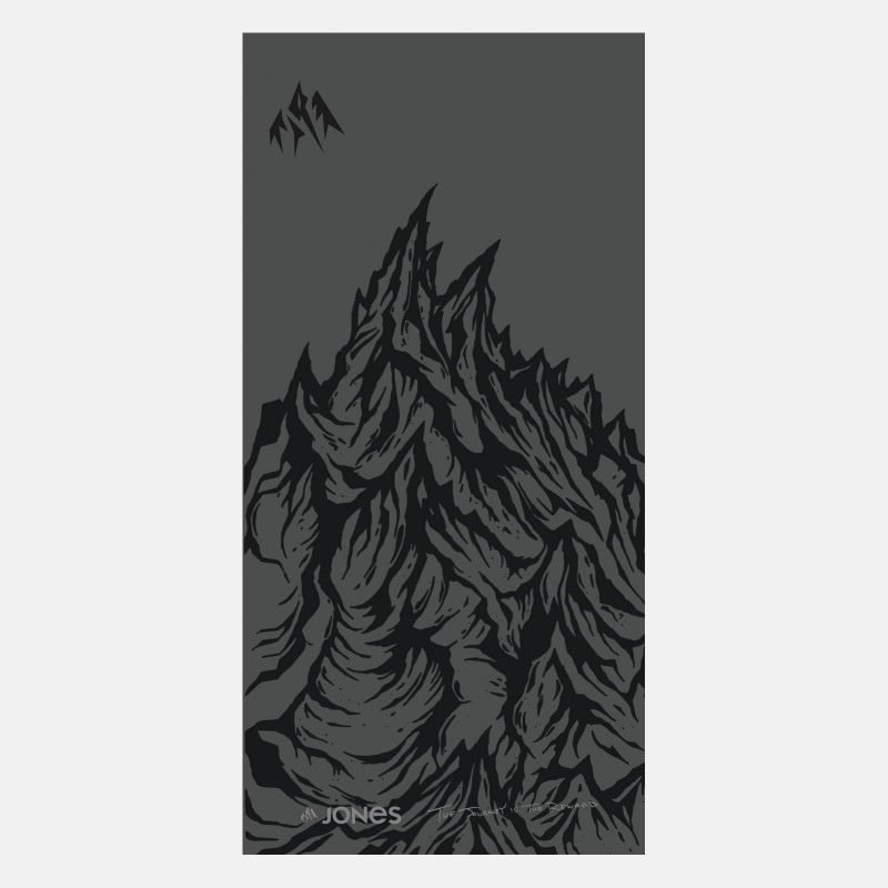 Dunkelgrauer Jones Ultracraft Neckwarmer mit Berg-Motiv. Berglandschaft auf der Vorderseite.