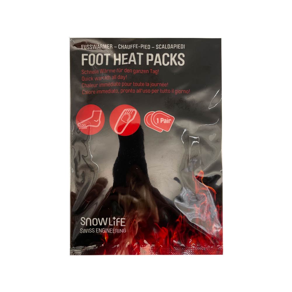 Verpackung der Foot Heat Packs mit Symbolen und Produktinformationen, Marke Snowlife im unteren Bereich.