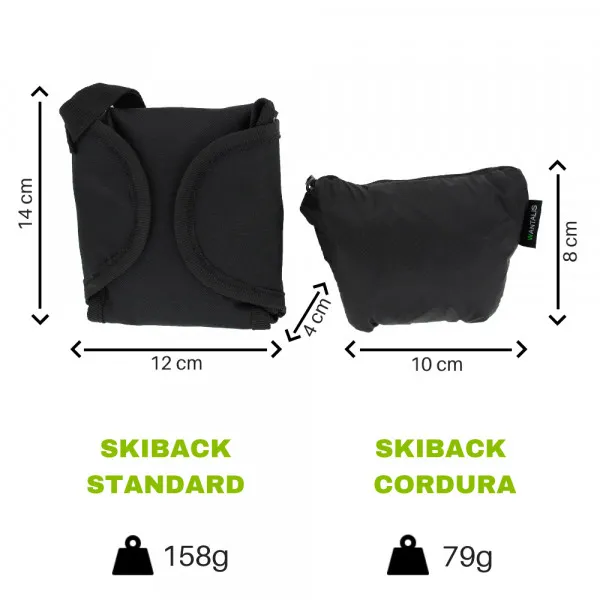 Vergleich Skiback Standard und Cordura Light: Abmessungen und Gewichtsangaben.