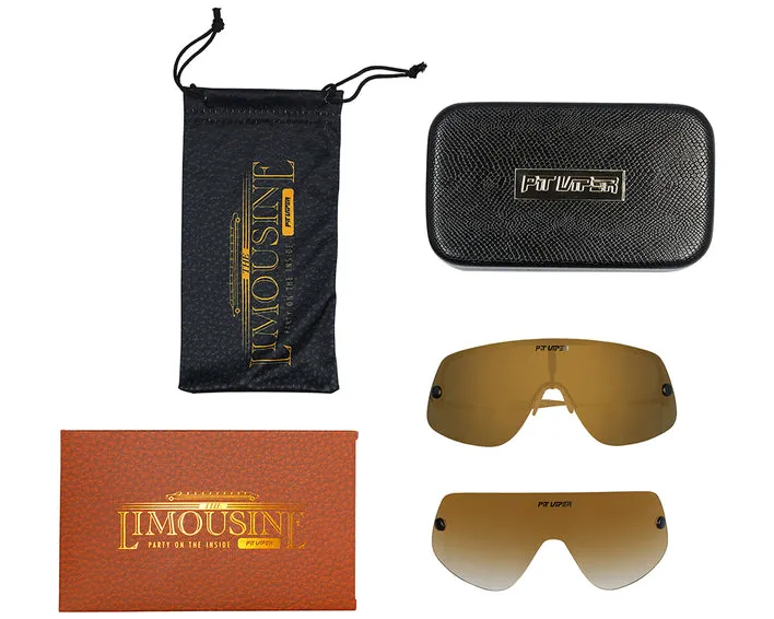 Goldfarbene, polarisierte Pit Viper Sonnenbrille "The Limousine" mit Etui und Beutel.