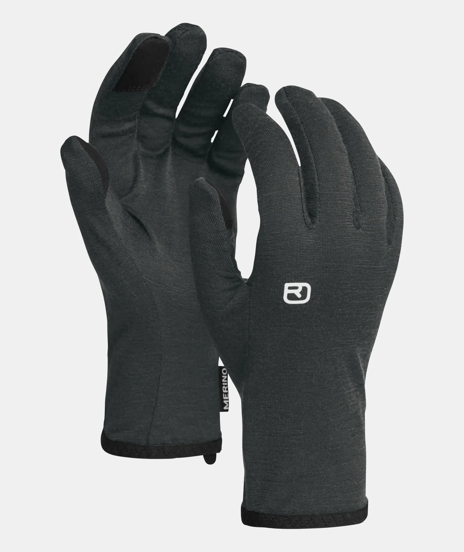 Zwei graue Handschuhe mit schwarzer Verstärkung an den Fingerspitzen und Handgelenken, mit dem Logo auf einem Handschuh.