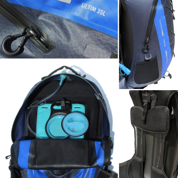Wasserdichter Rucksack 35L Detailansicht: Wasserdichter Rucksack 35L, zeigt Reißverschluss, Trinkblase, Tasche und Rückenpolster.