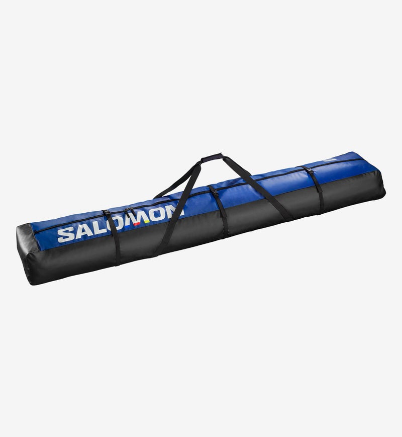Ski-Sleeve für 8 Paar Langer, blauer und schwarzer Ski-Sleeve mit Tragegurten und Salomon-Logo für 8 Paar Nordic Ski.