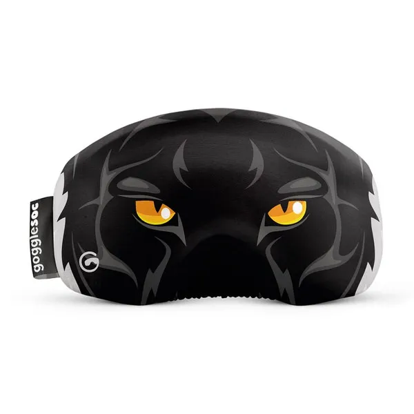 Brillen Schutzhülle mit Black Panther Motiv. Schwarzer Panther Kopf mit gelben Augen auf weißem Hintergrund.