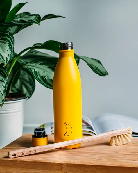 Gelbe Chillys Flasche, Deckel und Bürste auf Holzbrett. Pflanze im Hintergrund.