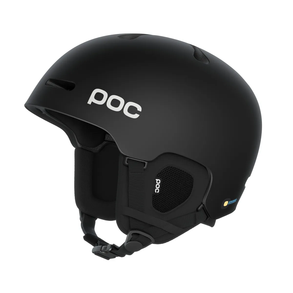 Schwarzer, matter POC Fornix Skihelm, seitliche Ansicht mit Belüftungsöffnungen und Kinnriemen.