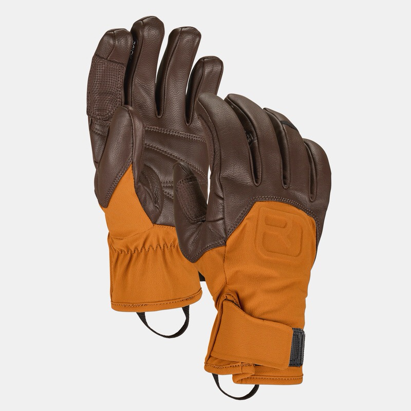 Braune Alpine Pro Handschuhe Braune Alpine Pro Handschuhe mit orangen Stulpen, Nahaufnahme.