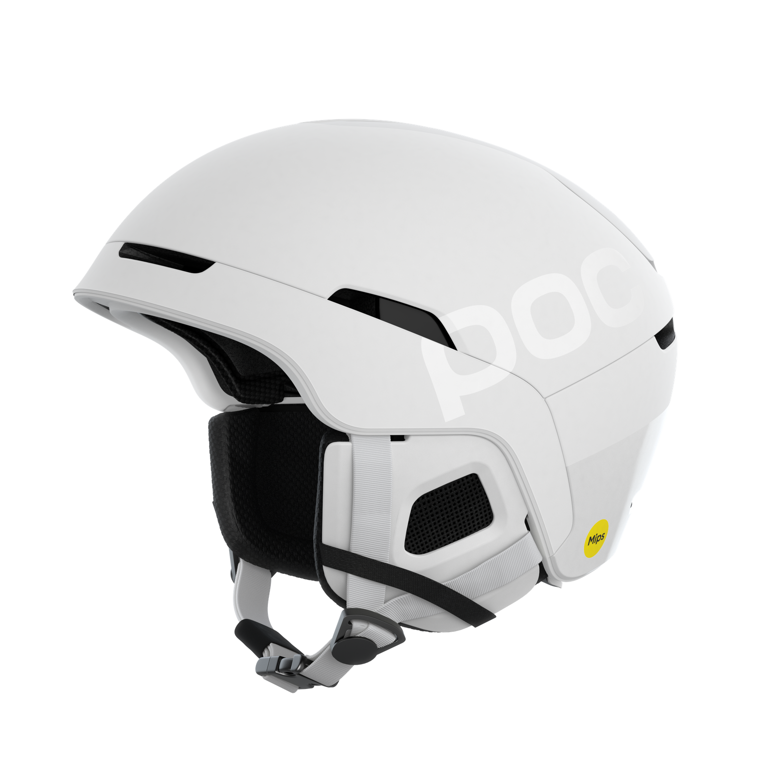 Ein weißer POC Obex BC MIPS Skihelm, seitlich, mit Belüftungsöffnungen und MIPS-Logo.