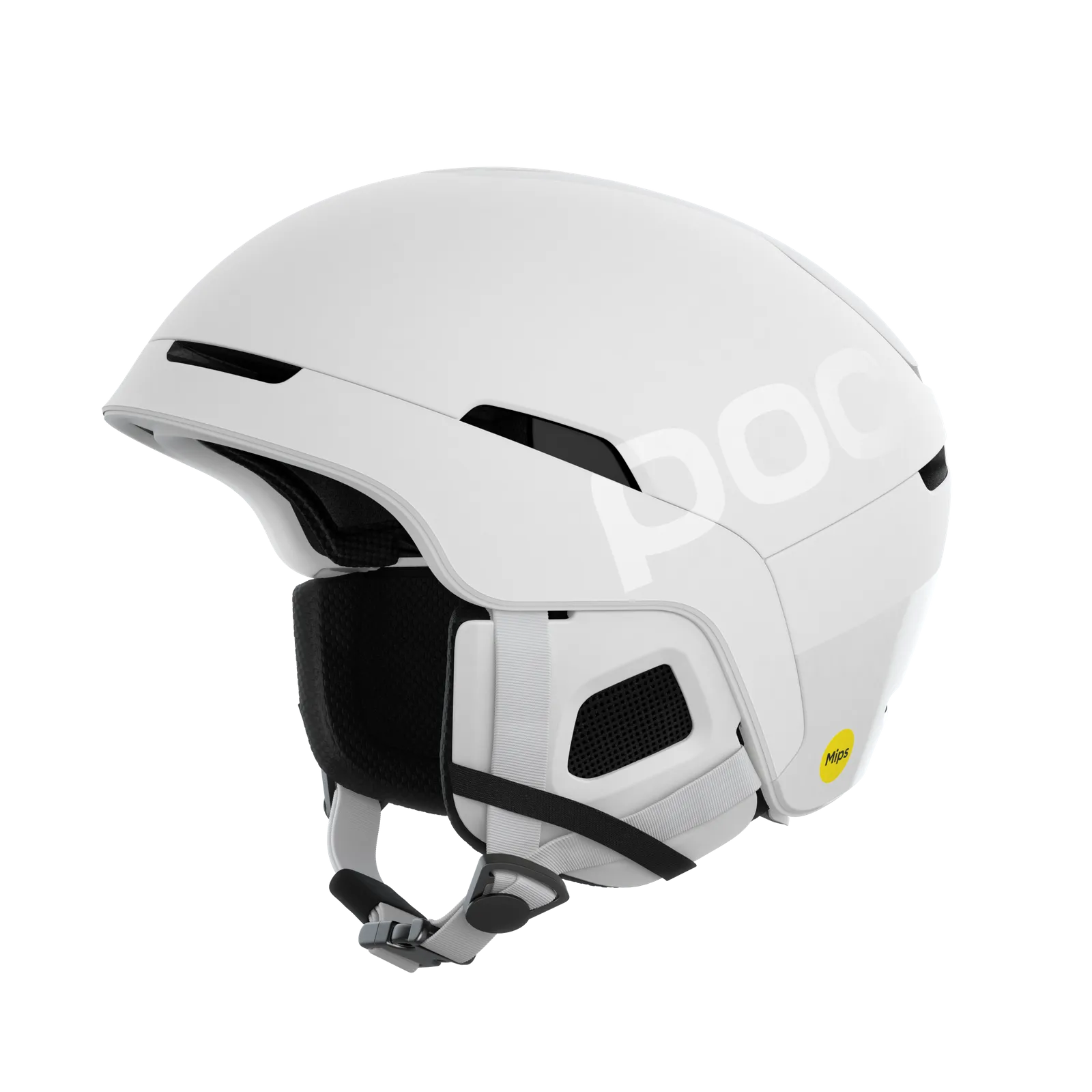 Ein weißer POC Obex BC MIPS Skihelm, seitlich, mit Belüftungsöffnungen und MIPS-Logo.