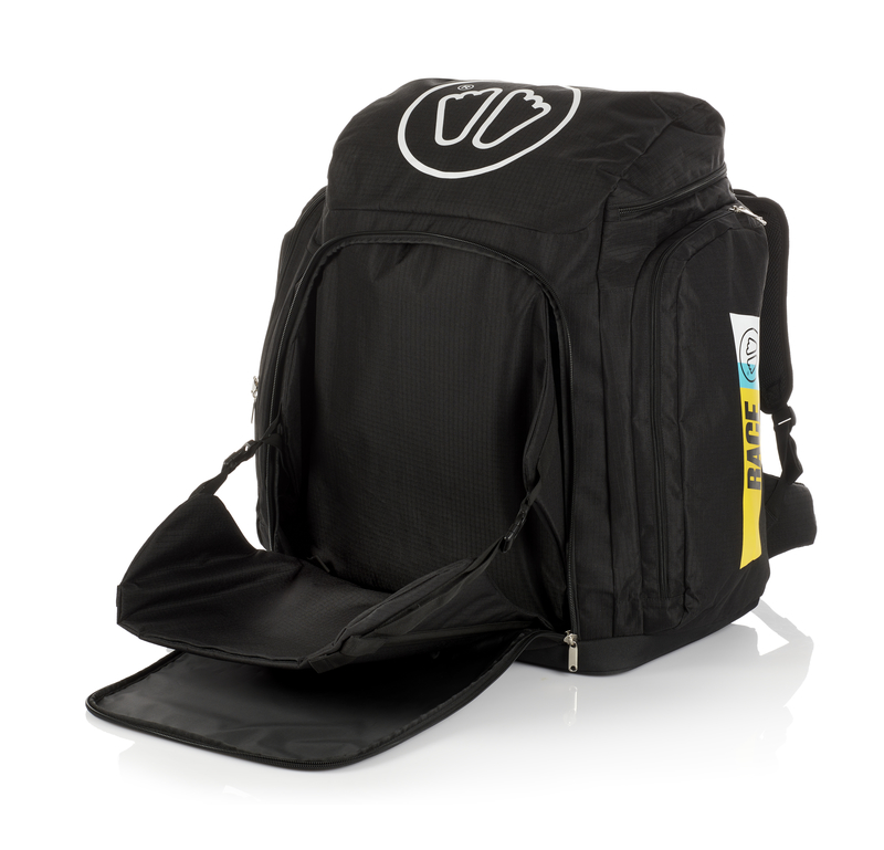 Schwarze Sidas Race Boot Bag mit offenem Fach, das den Innenraum und den Klappsitz zeigt.