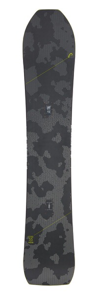 Snowboard Head Kizamu LYT, Draufsicht. Grau mit Muster, gelbe Akzente.
