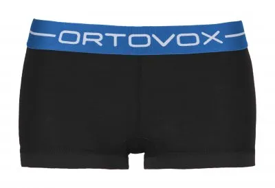 Schwarze Ortovox Supersoft Panty für Damen, Bund blau mit weißem Schriftzug.