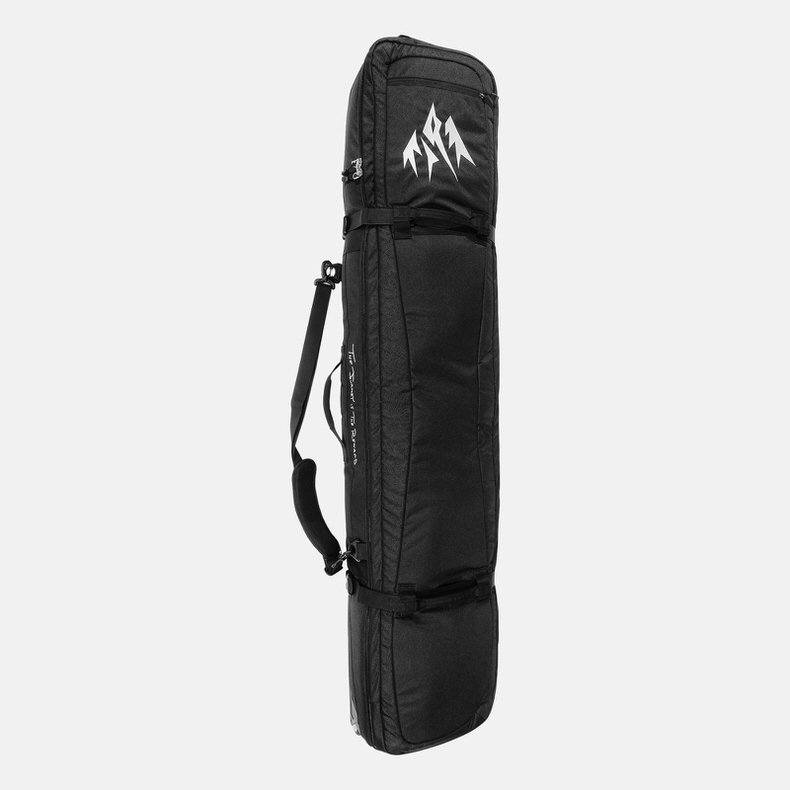 Schwarze Jones Board Bag Schwarze Jones Board Bag Expedition mit Tragegurt, weißem Logo und Reißverschlüssen für Snowboards.