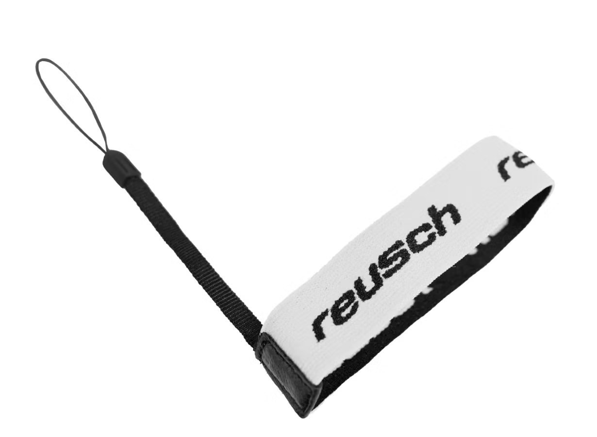 Weiße Reusch Handschuh-Schlaufe mit schwarzem Text-Logo und schwarzer Handschlaufe.