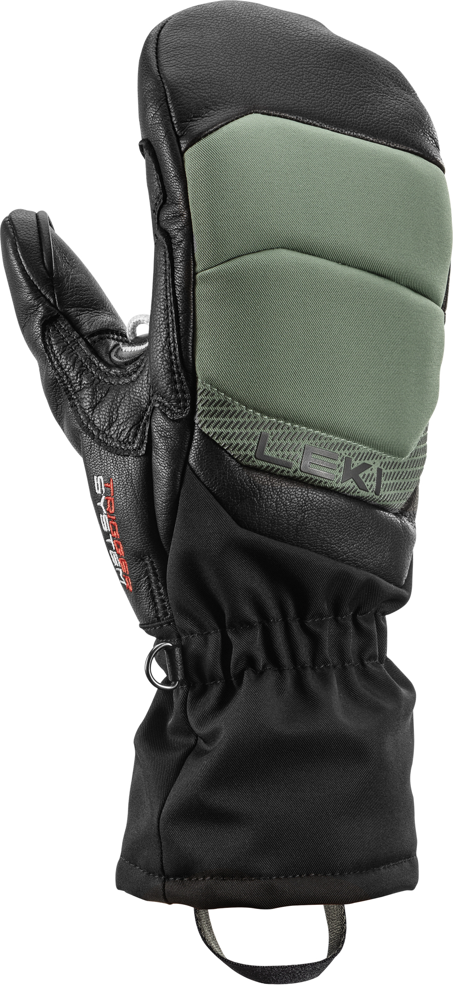 Detailansicht des Leki Griffin Base 3D Wm Mitt Fäustlings in Schwarz, Leder und Olivgrün mit "LEKI" Logo.