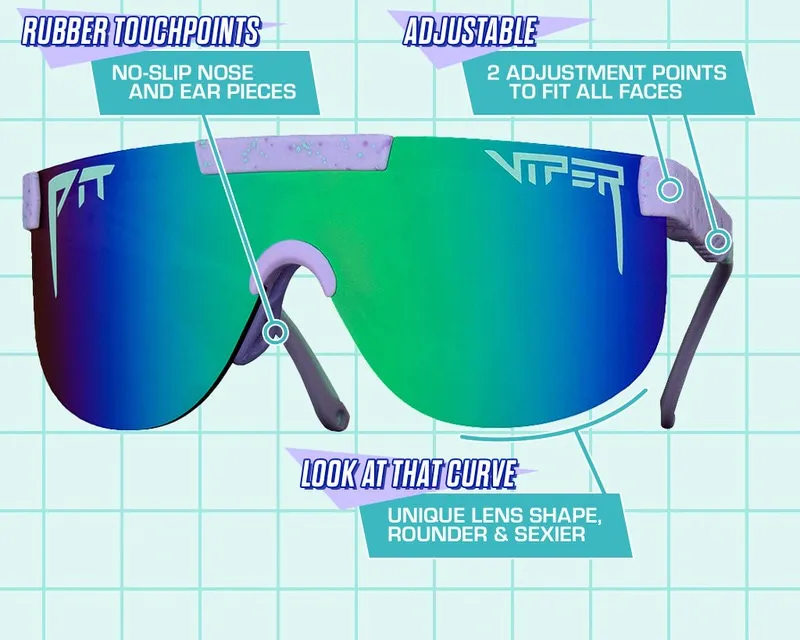 Pit Viper Sonnenbrille "The Moontower Elliptical" mit farbigen Gläsern und Markierungen der Produkteigenschaften.
