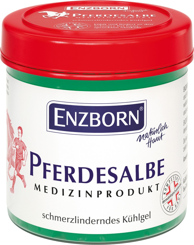 Dose ENZBORN Pferdesalbe Medizinprodukt mit rotem Deckel, Aufdruck mit Pferd und Mann, schmerzlinderndes Kühlgel.