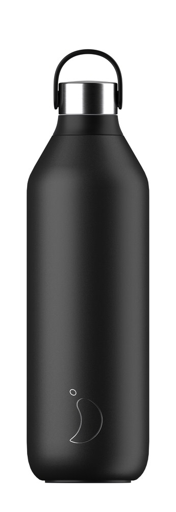 Schwarze Chilly's Series 2 Abyss Black Trinkflasche mit silbernem Deckel und Tragegriff.