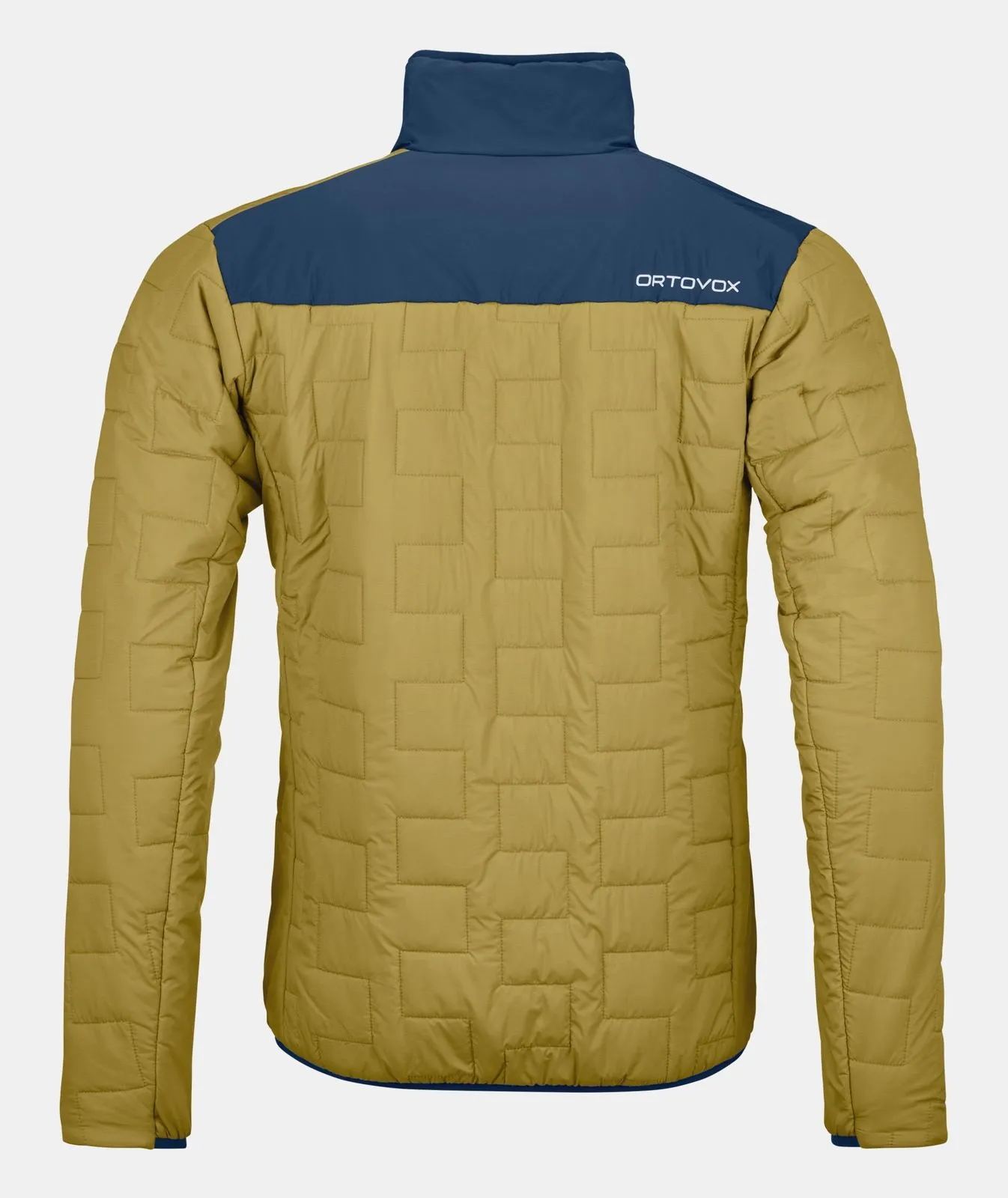 Rückansicht: Sweet Alison Swisswool Piz Segnas Jacket M mit blauem Kragen und gestepptem Obermaterial in Goldbraun.