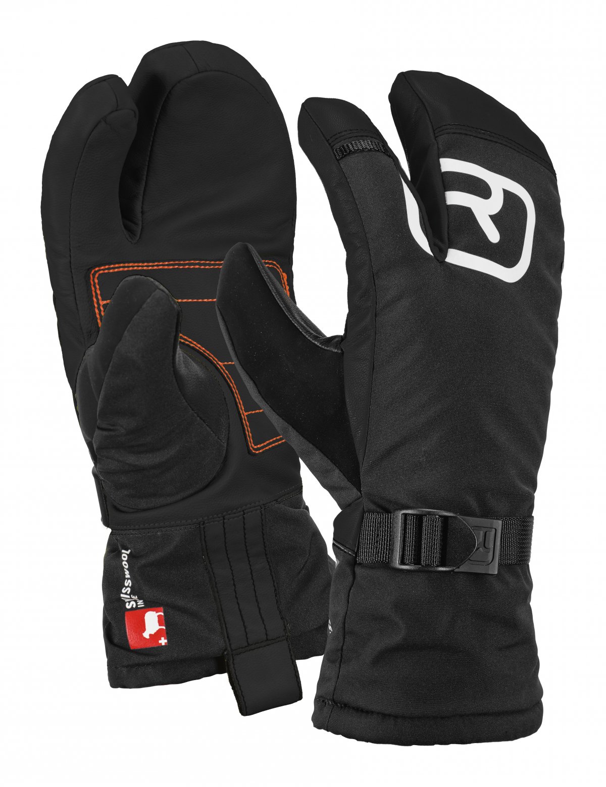 Ortovox Lobster Handschuhe Zwei schwarze Ortovox Lobster Glove Pro SW Handschuhe, einer mit Logo und Handgelenksband.