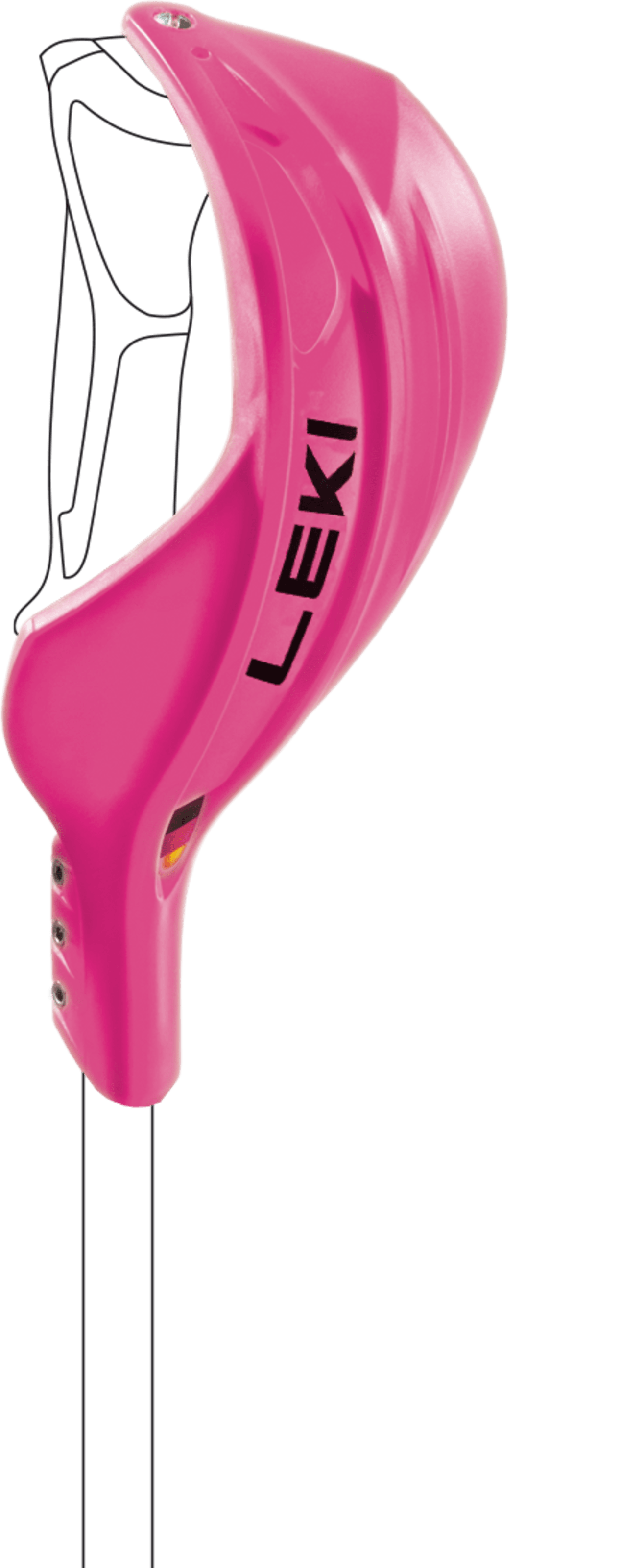 Nahaufnahme vom pinken Leki Schlagschutz Bügel mit schwarzem Logo und Montagedetails.