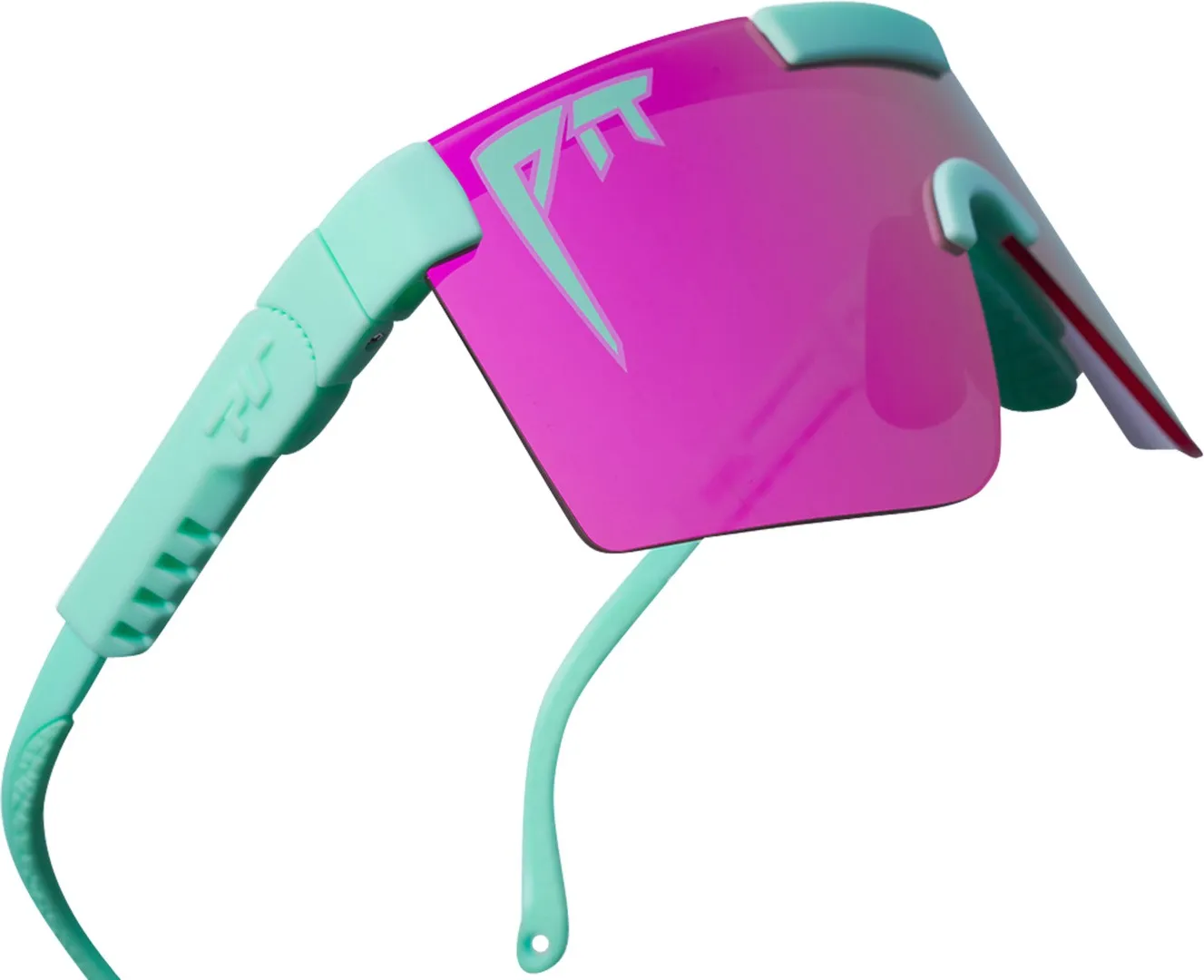Nahaufnahme der Pit Viper Sonnenbrille "The Oral Exam Original" mit pinkfarbenen, polarisierten Gläsern und türkisfarbenem Rahmen.