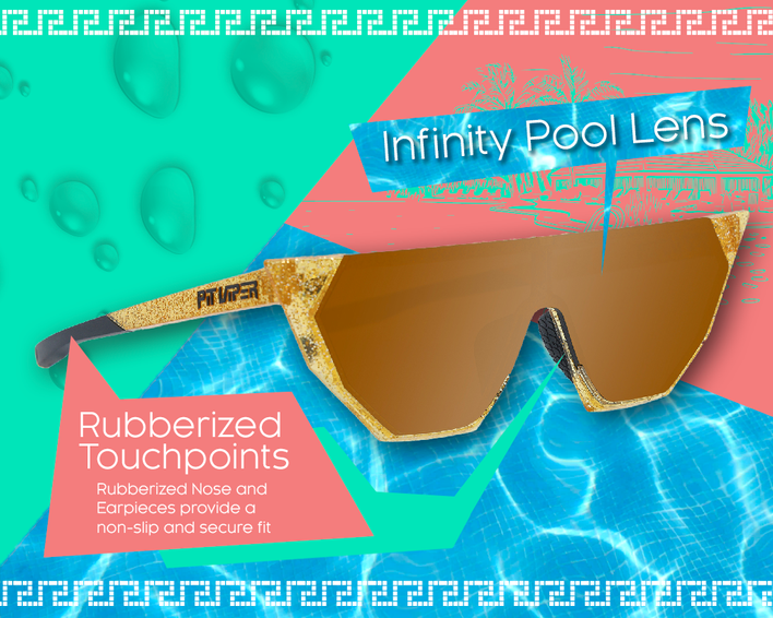 Goldene Pyrite Sonnenbrille mit braunen Gläsern und "Infinity Pool Lens"-Hinweis, Pool-Hintergrund.