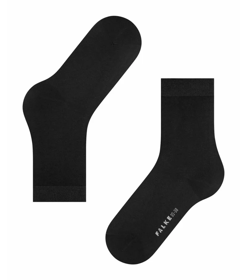 Zwei schwarze Damen Socken, eine liegend, die andere aufrecht mit Schriftzug FALKE.