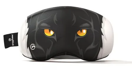 Skibrillen-Schutzsocke mit Black Panther Design und gelben Augen auf schwarzem Hintergrund.