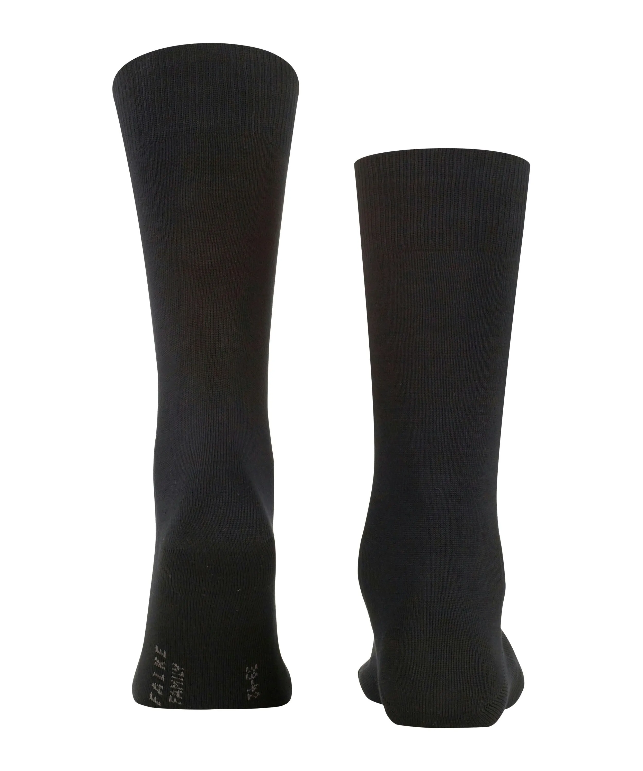 Zwei schwarze FALKE Family Socken von hinten, mit Größenangabe und Logo.
