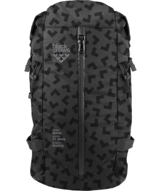 Schwarzer Black Crows Dorsa 27 Rucksack mit dunklem Chevron Muster und Reißverschluss.