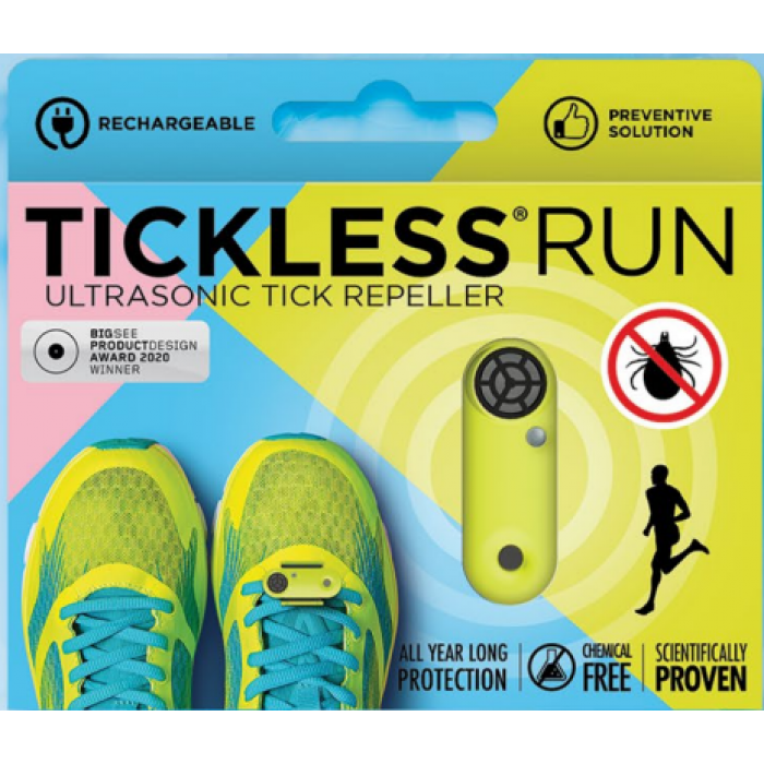 Tickless Run Verpackung Verpackung für Tickless Run: Ultraschall-Zeckenabwehr für Schuhe. Chemikalienfrei, mit Läufer-Silhouette und Warnsymbol für Zecken.