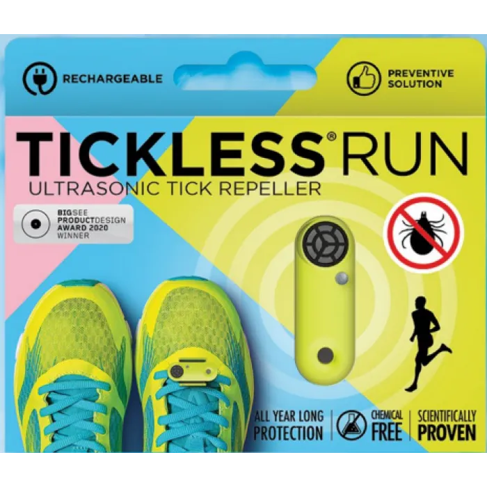 Verpackung für Tickless Run: Ultraschall-Zeckenabwehr für Schuhe. Chemikalienfrei, mit Läufer-Silhouette und Warnsymbol für Zecken.