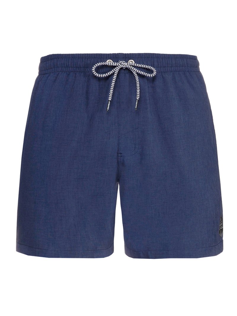 Blaue Badeshorts für Herren Blaue Badeshorts mit weiß-blauem Kordelzug und elastischem Bund. Die Hose ist mittellang und hat ein kleines Logo am Bein.
